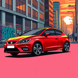 A dynamic and sleek graphic illustration of a Seat Leon 1P1 in a vibrant urban setting