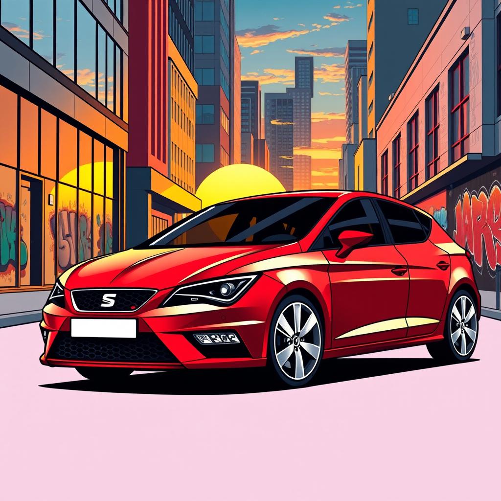 A dynamic and sleek graphic illustration of a Seat Leon 1P1 in a vibrant urban setting