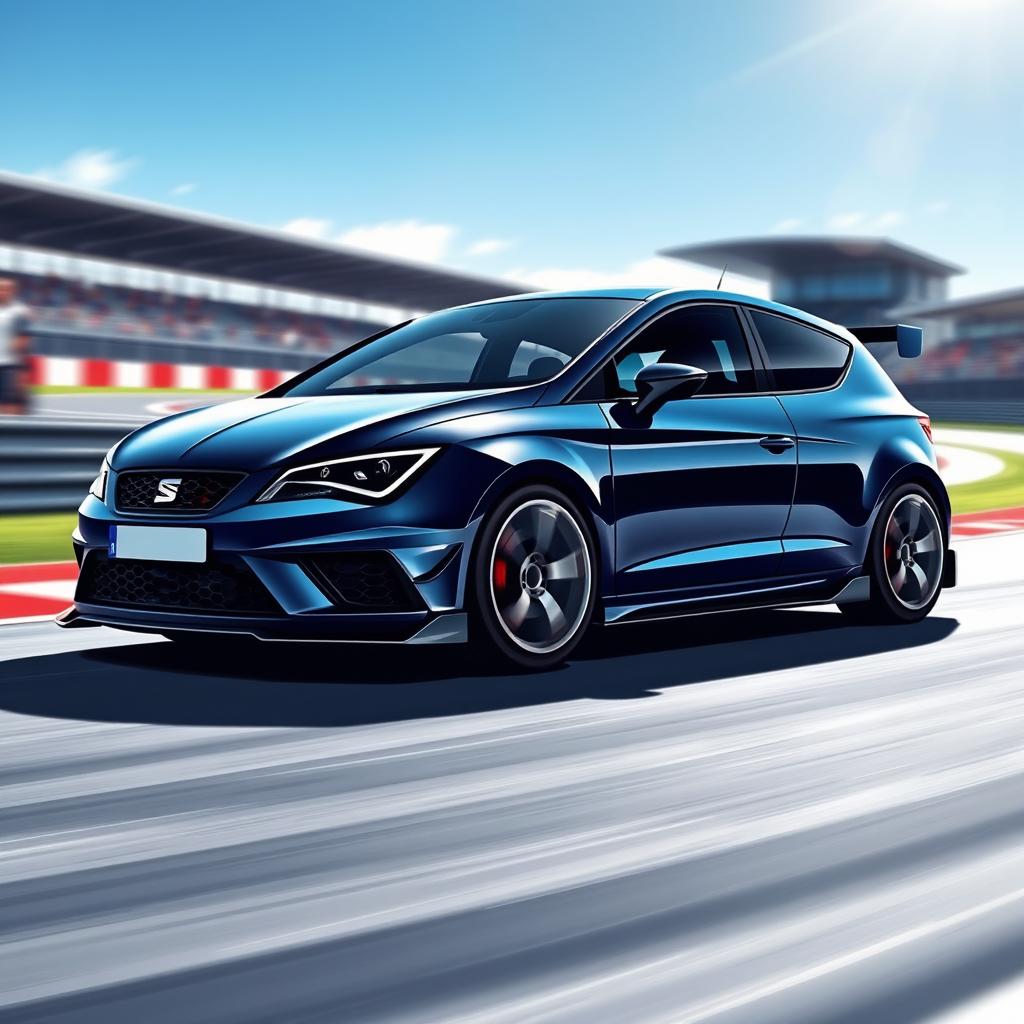 A stylish illustration of a Seat Leon 1P1 featuring a sleek aerodynamic body kit with prominent air intakes, painted in a deep navy blue