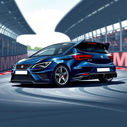 A stylish illustration of a Seat Leon 1P1 featuring a sleek aerodynamic body kit with prominent air intakes, painted in a deep navy blue