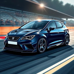 A stylish illustration of a Seat Leon 1P1 featuring a sleek aerodynamic body kit with prominent air intakes, painted in a deep navy blue