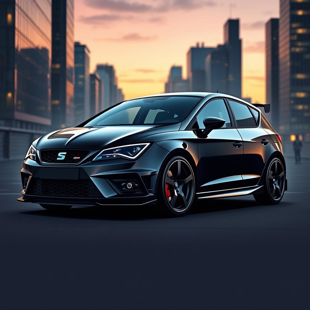 A striking illustration of a Seat Leon MK2 painted in a sleek black finish, featuring a bold aerodynamic body kit with prominent navy blue air intakes