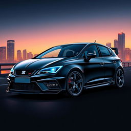 A striking illustration of a Seat Leon MK2 painted in a sleek black finish, featuring a bold aerodynamic body kit with prominent navy blue air intakes