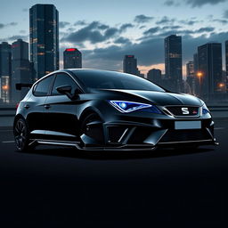 A striking illustration of a Seat Leon MK2 painted in a sleek black finish, featuring a bold aerodynamic body kit with prominent navy blue air intakes