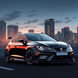 A striking illustration of a Seat Leon MK2 painted in a sleek black finish, featuring a bold aerodynamic body kit with prominent navy blue air intakes