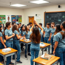 A high school biology class scene featuring a diverse group of students engaged in a lively discussion