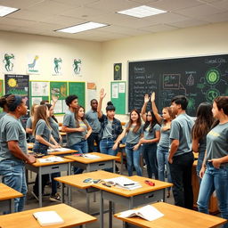 A high school biology class scene featuring a diverse group of students engaged in a lively discussion