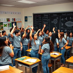 A high school biology class scene featuring a diverse group of students engaged in a lively discussion