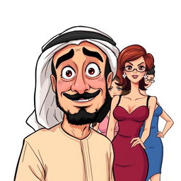 An illustration featuring an Arab man wearing a hatta, completely mesmerized and drooling while looking at several European women