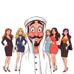 An illustration featuring an Arab man wearing a hatta, completely mesmerized and drooling while looking at several European women