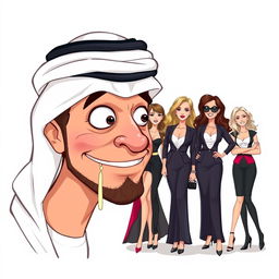 An illustration featuring an Arab man wearing a hatta, completely mesmerized and drooling while looking at several European women