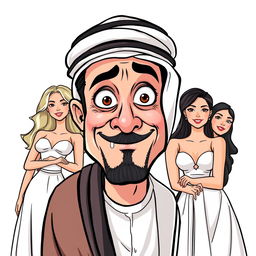 An illustration featuring an Arab man wearing a hatta, completely mesmerized and drooling while looking at several European women