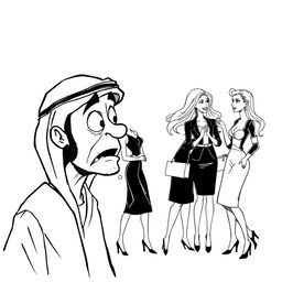 A simple black and white drawing featuring an Arab man wearing a hatta, captivated and drooling while admiring a group of European women