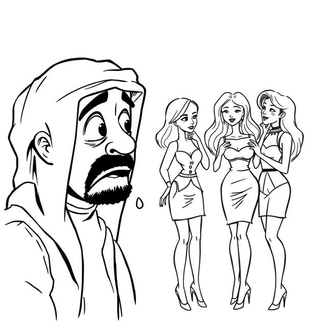 A simple black and white drawing featuring an Arab man wearing a hatta, captivated and drooling while admiring a group of European women