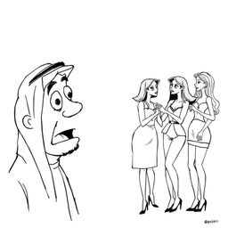 A simple black and white drawing featuring an Arab man wearing a hatta, captivated and drooling while admiring a group of European women