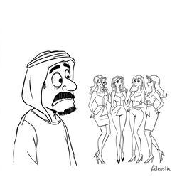 A simple black and white drawing featuring an Arab man wearing a hatta, captivated and drooling while admiring a group of European women