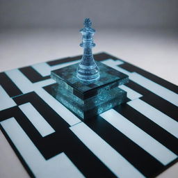 Create a 3D image of a chess board with futuristic holographic projections. The projections indicate each piece's possible moves, potential outcomes, and the probability of those outcomes.