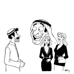 A whimsical black and white drawing featuring an Arab man wearing a hatta, with a wildly exaggerated expression of infatuation and fascination while staring at a group of European women