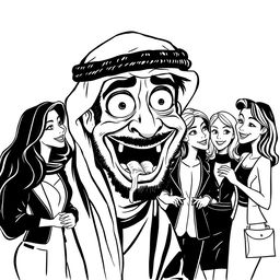 A whimsical black and white drawing featuring an Arab man wearing a hatta, with a wildly exaggerated expression of infatuation and fascination while staring at a group of European women