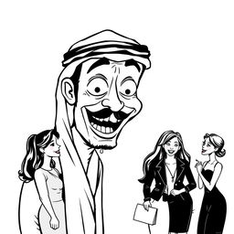 A whimsical black and white drawing featuring an Arab man wearing a hatta, with a wildly exaggerated expression of infatuation and fascination while staring at a group of European women