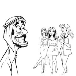 A whimsical black and white drawing featuring an Arab man wearing a hatta, with a wildly exaggerated expression of infatuation and fascination while staring at a group of European women