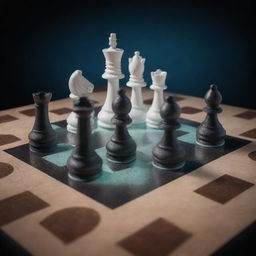 Create a 3D image of a chess board with futuristic holographic projections. The projections indicate each piece's possible moves, potential outcomes, and the probability of those outcomes.