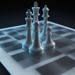 Create a 3D image of a chess board with futuristic holographic projections. The projections indicate each piece's possible moves, potential outcomes, and the probability of those outcomes.