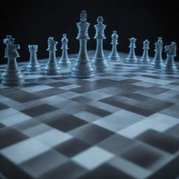 Create a 3D image of a chess board with futuristic holographic projections. The projections indicate each piece's possible moves, potential outcomes, and the probability of those outcomes.