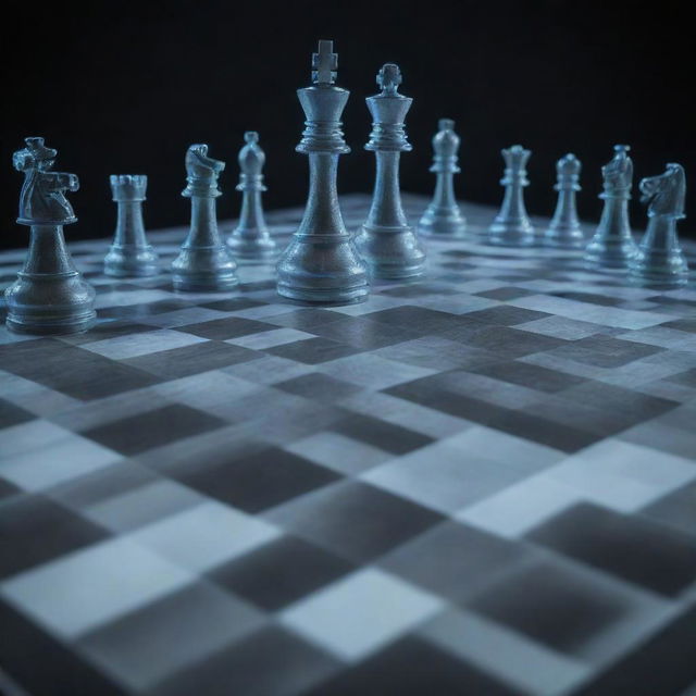 Create a 3D image of a chess board with futuristic holographic projections. The projections indicate each piece's possible moves, potential outcomes, and the probability of those outcomes.