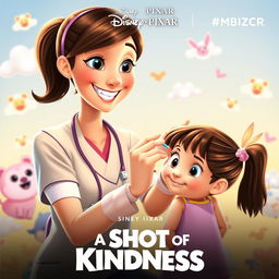 A heartwarming Disney Pixar movie poster featuring a caring nurse with a warm smile, gently administering a vaccination to a small girl