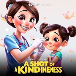 A heartwarming Disney Pixar movie poster featuring a caring nurse with a warm smile, gently administering a vaccination to a small girl