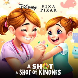 A heartwarming Disney Pixar movie poster featuring a caring nurse with a warm smile, gently administering a vaccination to a small girl