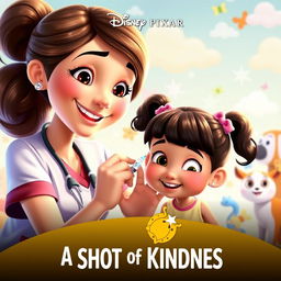 A heartwarming Disney Pixar movie poster featuring a caring nurse with a warm smile, gently administering a vaccination to a small girl