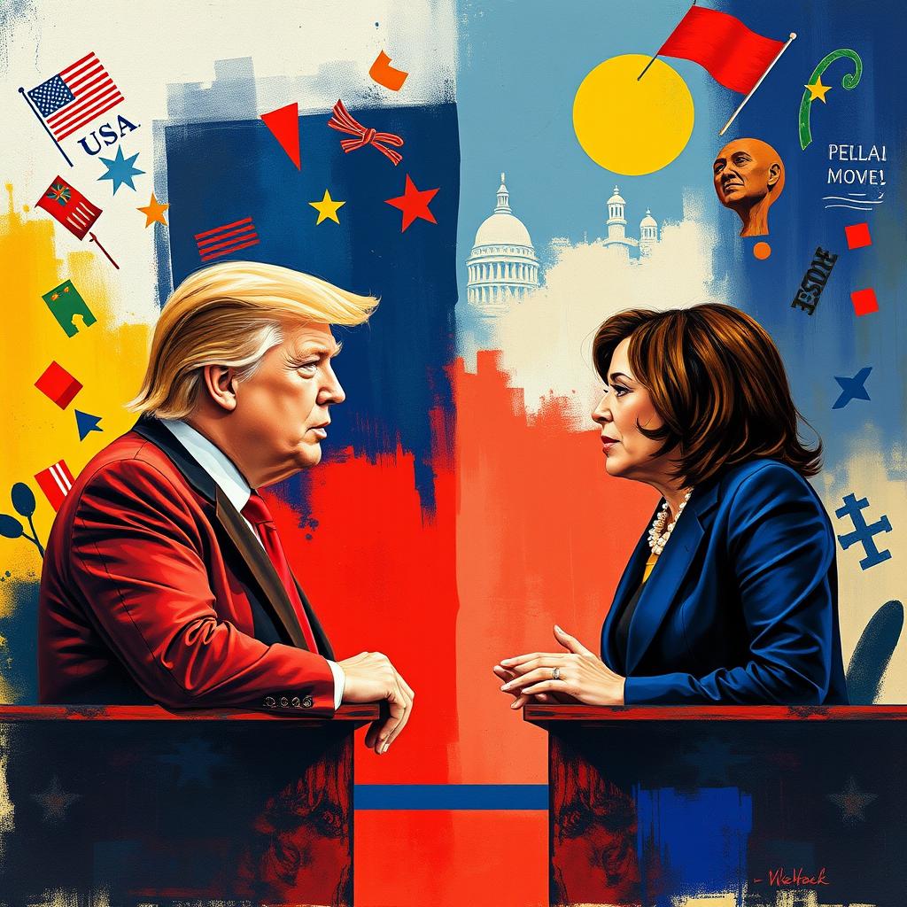 A metaphorical artistic portrayal of a political debate between Trump and Kamala Harris, with the two figures engaged in a spirited discussion, surrounded by imaginative elements representing their contrasting ideologies