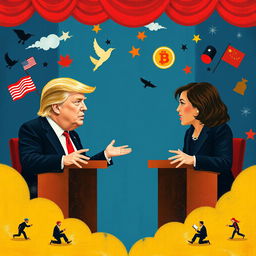 A metaphorical artistic portrayal of a political debate between Trump and Kamala Harris, with the two figures engaged in a spirited discussion, surrounded by imaginative elements representing their contrasting ideologies