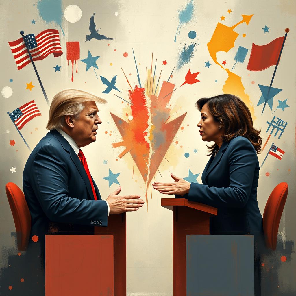 A metaphorical artistic portrayal of a political debate between Trump and Kamala Harris, with the two figures engaged in a spirited discussion, surrounded by imaginative elements representing their contrasting ideologies