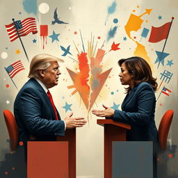 A metaphorical artistic portrayal of a political debate between Trump and Kamala Harris, with the two figures engaged in a spirited discussion, surrounded by imaginative elements representing their contrasting ideologies