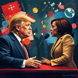 A metaphorical artistic portrayal of a political debate between Trump and Kamala Harris, with the two figures engaged in a spirited discussion, surrounded by imaginative elements representing their contrasting ideologies