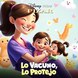 A delightful Disney Pixar movie poster titled 'Lo Vacuno, Lo Protejo' featuring a friendly and caring nurse with a bright smile, gently administering a vaccination to a small girl