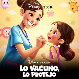 A delightful Disney Pixar movie poster titled 'Lo Vacuno, Lo Protejo' featuring a friendly and caring nurse with a bright smile, gently administering a vaccination to a small girl