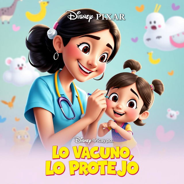 A delightful Disney Pixar movie poster titled 'Lo Vacuno, Lo Protejo' featuring a friendly and caring nurse with a bright smile, gently administering a vaccination to a small girl