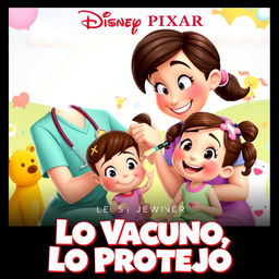 A delightful Disney Pixar movie poster titled 'Lo Vacuno, Lo Protejo' featuring a friendly and caring nurse with a bright smile, gently administering a vaccination to a small girl