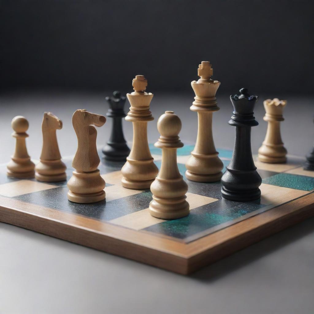 Design a 3D image of a chess game in progress. The holographic indicators display possible moves, potential outcomes, and probabilities for each piece, mid-move, capturing the essence of strategic decision-making.