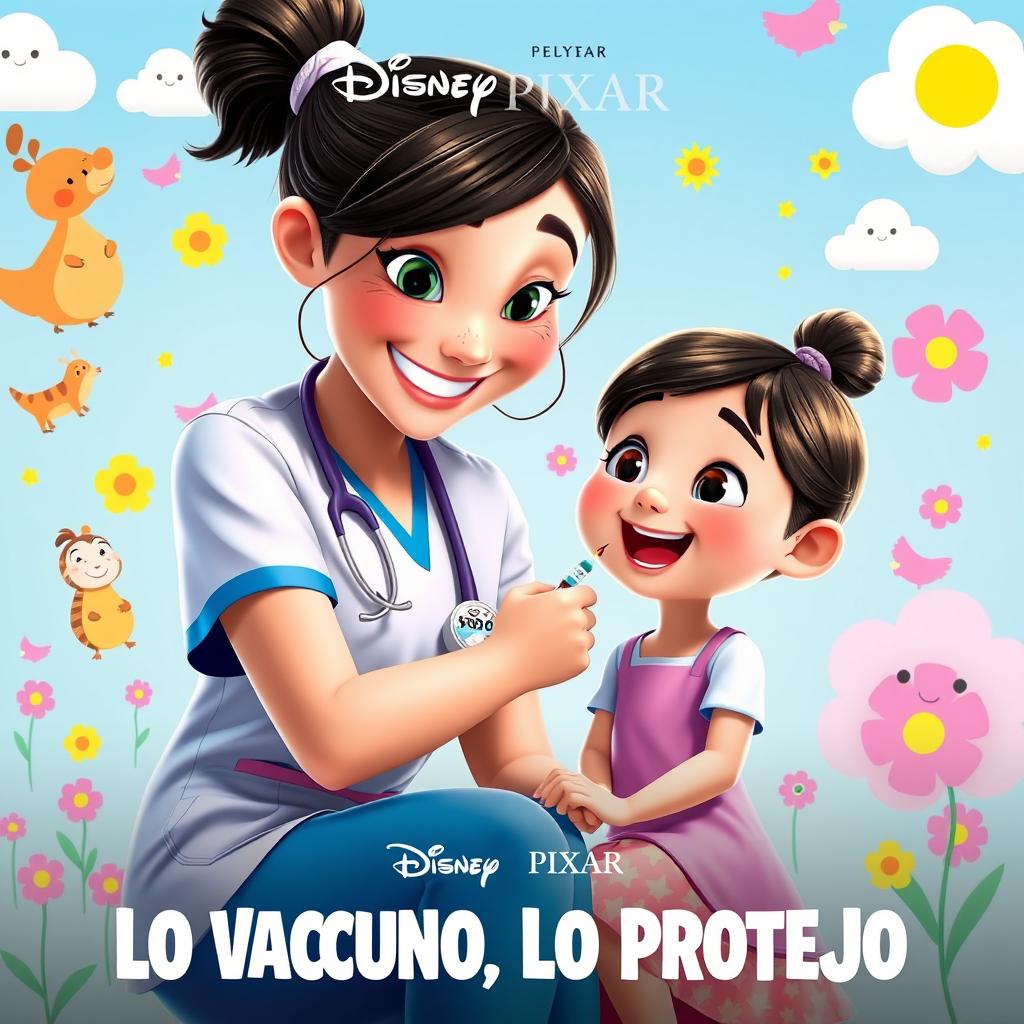 A charming Disney Pixar movie poster titled 'Lo Vacuno, Lo Protejo' featuring a compassionate nurse with a bright smile, gently giving a vaccination with a syringe to a small girl