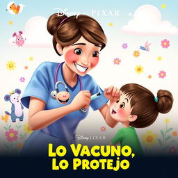 A charming Disney Pixar movie poster titled 'Lo Vacuno, Lo Protejo' featuring a compassionate nurse with a bright smile, gently giving a vaccination with a syringe to a small girl