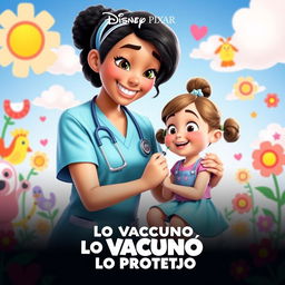 A charming Disney Pixar movie poster titled 'Lo Vacuno, Lo Protejo' featuring a compassionate nurse with a bright smile, gently giving a vaccination with a syringe to a small girl