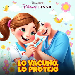 A charming Disney Pixar movie poster titled 'Lo Vacuno, Lo Protejo' featuring a compassionate nurse with a bright smile, gently giving a vaccination with a syringe to a small girl