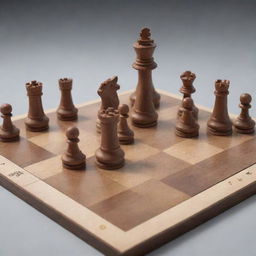 Design a 3D image of a chess game in progress. The holographic indicators display possible moves, potential outcomes, and probabilities for each piece, mid-move, capturing the essence of strategic decision-making.