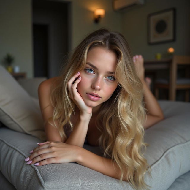 High quality Full HD 4K photography of a young Swedish woman lying on a sofa at home, depicted with long, very wavy blonde hair and blue eyes