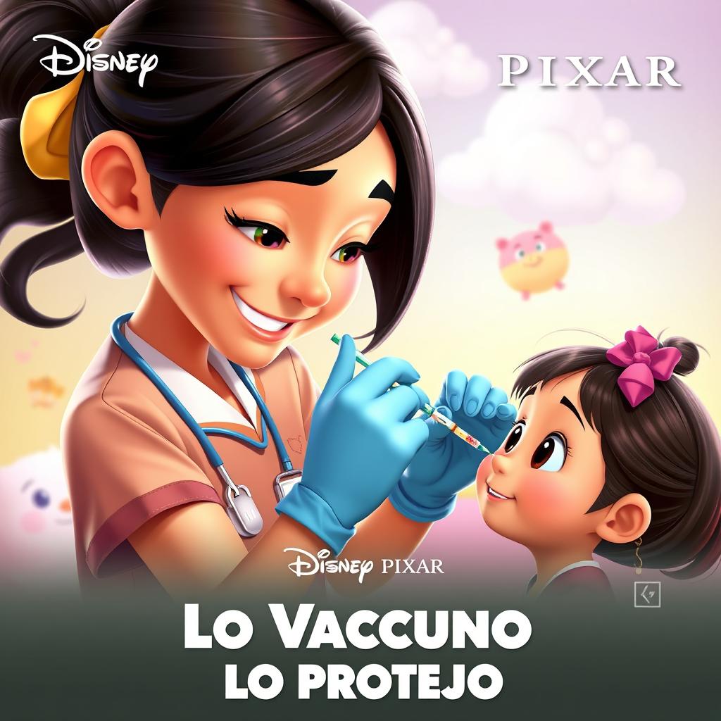 A captivating Disney Pixar movie poster titled 'Lo Vacuno, Lo Protejo', illustrating a caring nurse with a friendly smile, gently administering a vaccination to a small girl